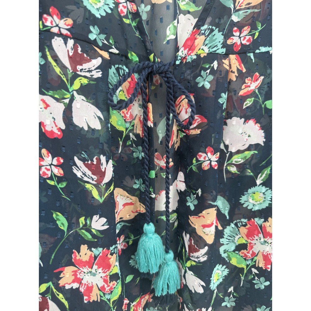 Floral Blouse Womens XL Blue Cove Sheer Tie Front Tassel Boho Festival  Cottage - Picture 3 of 8